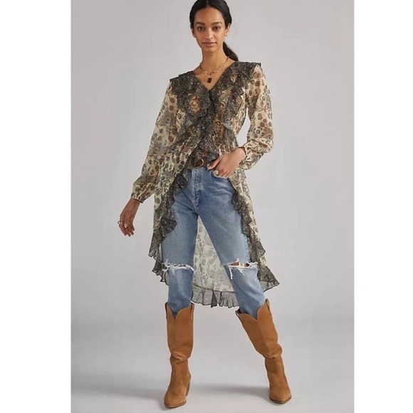 Anthropologie Let Me Be Sheer Femme Maxi Boho Ruffle Hi-Low Tops Size S NWT - Picture 1 of 16